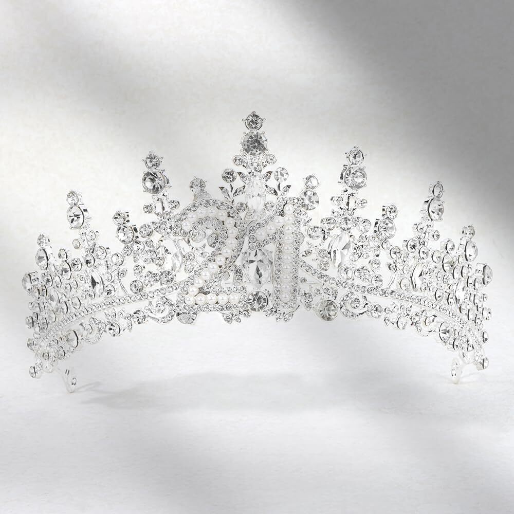 5745 21st Birthday Crown: Silver Tiara with Crystals & Pearls Turning 21
